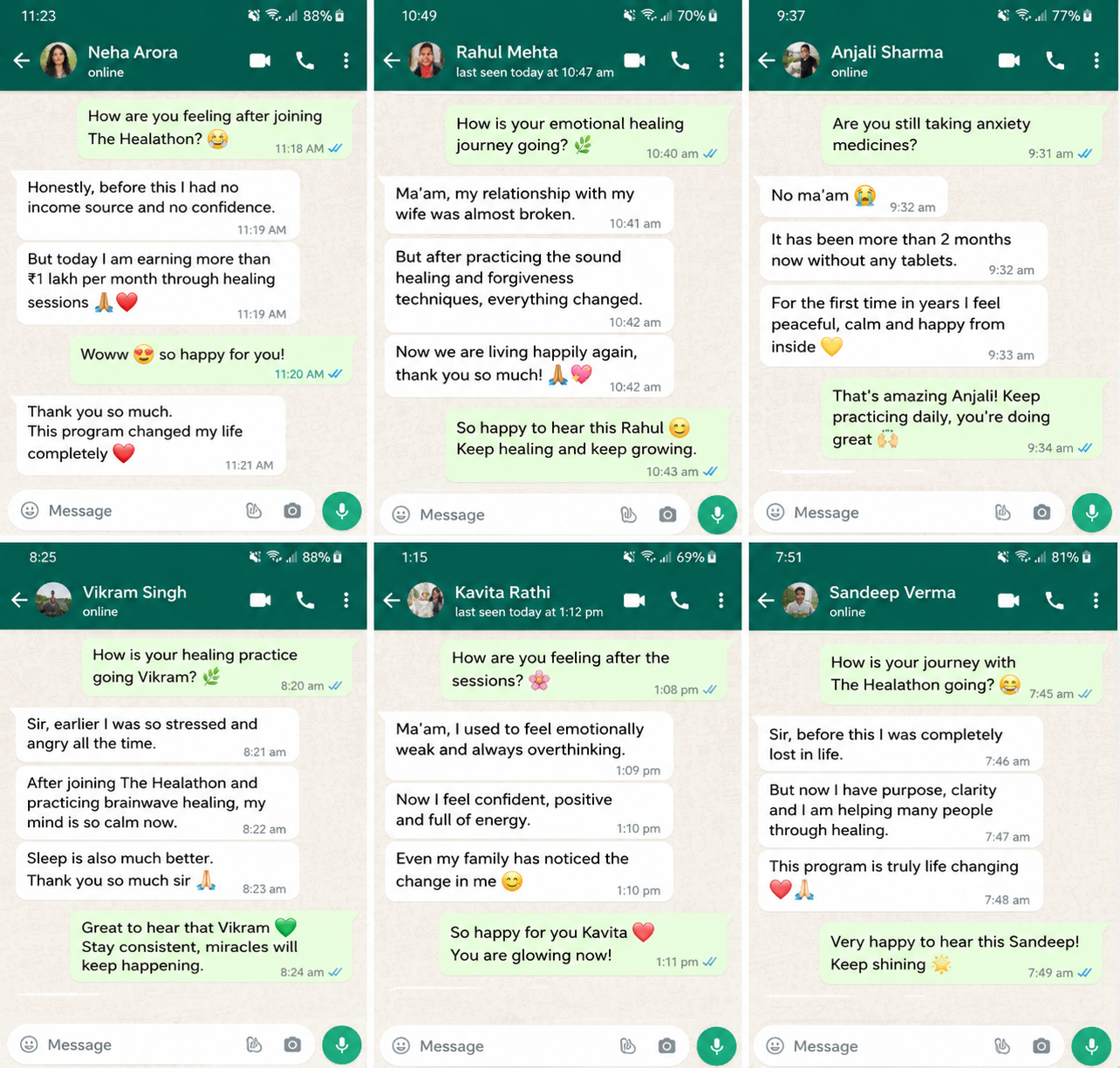 Real WhatsApp testimonials from Healathon students sharing their transformation stories